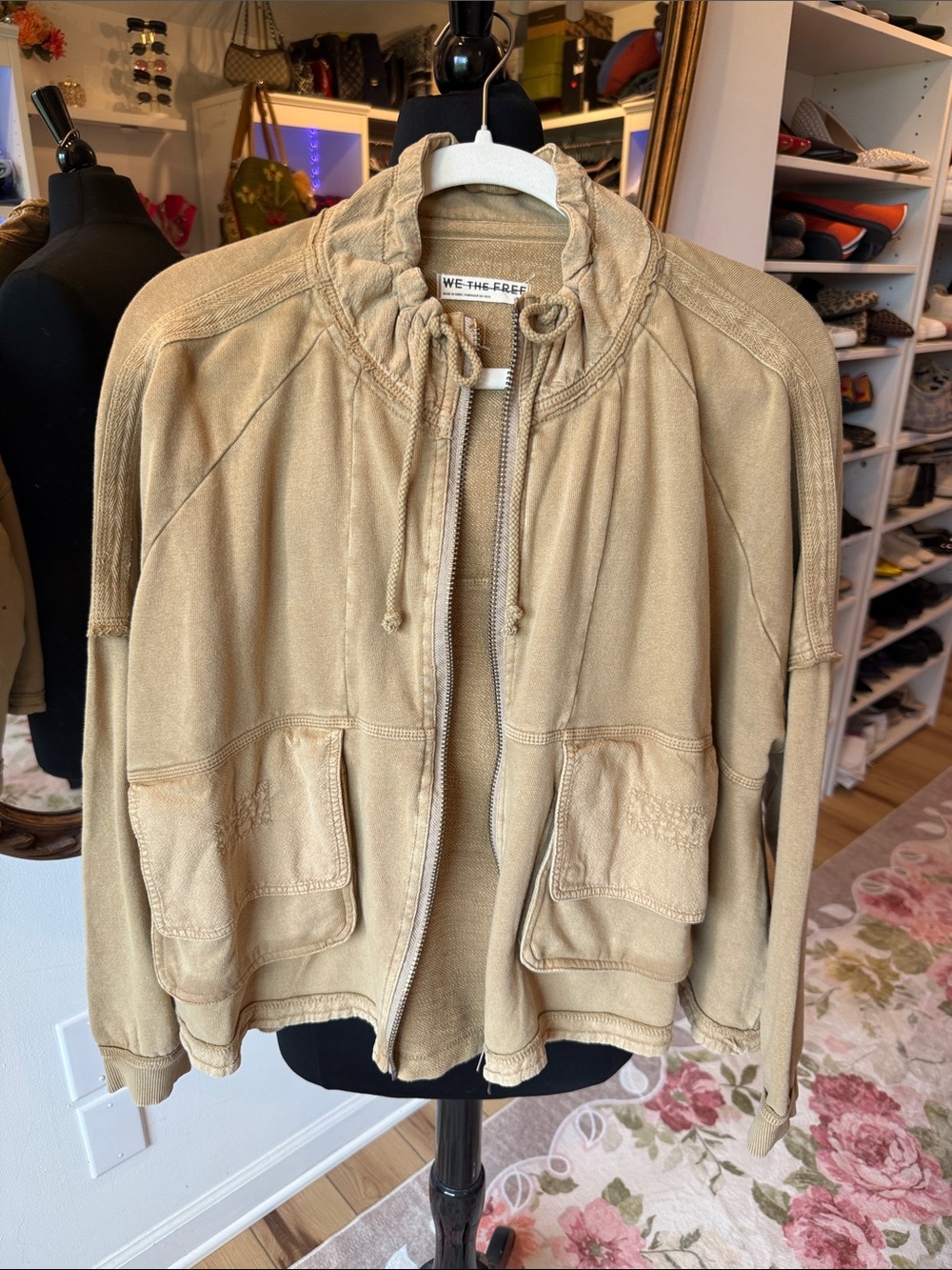 We The Free Casual Drawstring Collar Zip Jacket - Tan